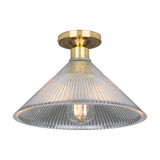 Hanoi Ribbed Glass Flush Ceiling Light with a cone-shaped clear ribbed glass shade and brass ceiling plate, shown lit against a plain white background.