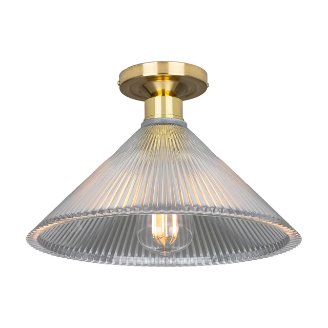 Hanoi Ribbed Glass Flush Ceiling Light with a cone-shaped clear ribbed glass shade and brass ceiling plate, shown lit against a plain white background.