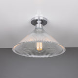 Hanoi Ribbed Glass Flush Ceiling Light with a cone-shaped clear ribbed glass shade and chrome ceiling plate, lit by one exposed E27 bulb against a plain background.