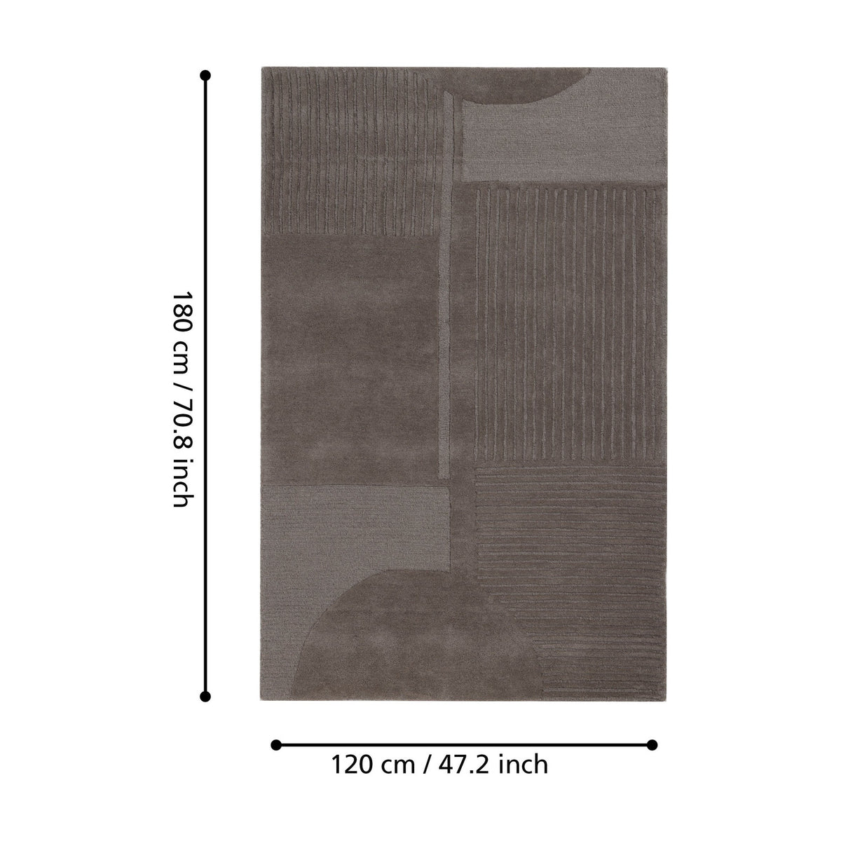 Haraan Rug, a rectangular brown wool rug with carved geometric panels, fine ridges and arcs in varying shades, shown with 180 x 120cm size guide on a white background.
