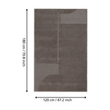Haraan Rug, a rectangular brown wool rug with carved geometric panels, fine ridges and arcs in varying shades, shown with 180 x 120cm size guide on a white background.