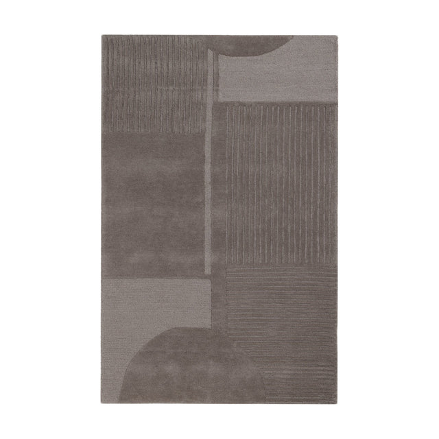 Haraan Rug 180 x 120cm in Brown, a rectangular wool rug with a geometric panel pattern of fine ridges and smooth blocks in light and deep brown tones, shown on a plain white background.
