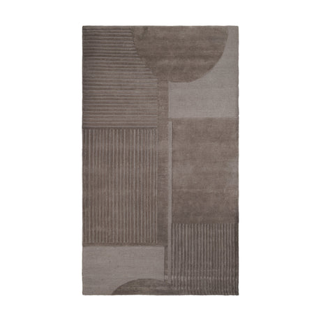 Haraan Rug 300 x 200cm in brown, a rectangular 100% wool rug with ribbed striped panels, smooth flat sections, and half-circle details, shown on a plain white background.