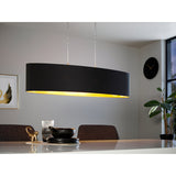 Hasanne Fabric 2 Light Pendant 100cm oval black fabric shade with gold lining, on satin nickel cables, shown above a dining table in a living room setting.