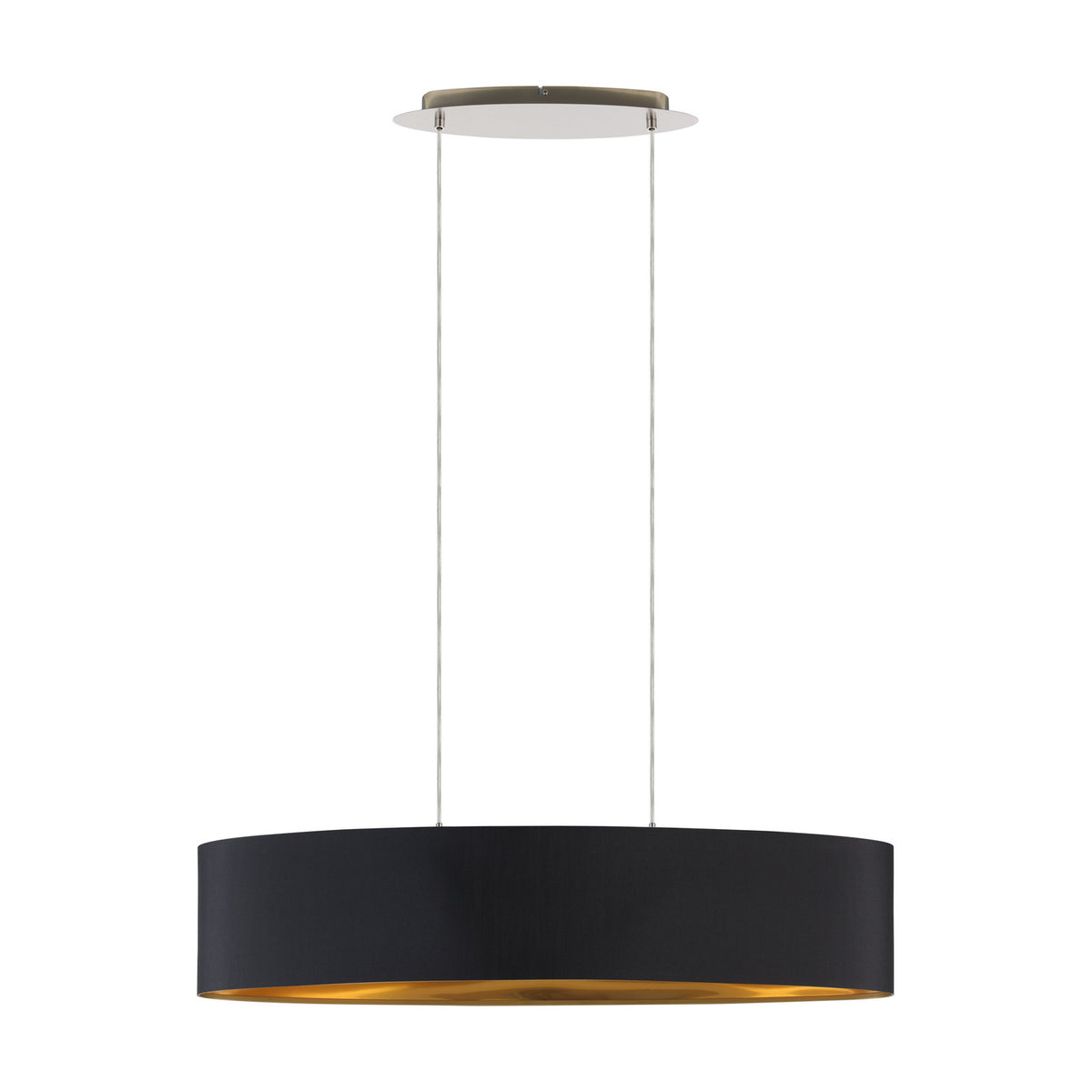 Hasanne 2-light oval pendant with a black fabric shade and gold lining, suspended on two cables from a satin nickel ceiling canopy, shown on a plain white background.