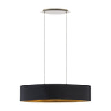 Hasanne 2-light oval pendant with a black fabric shade and gold lining, suspended on two cables from a satin nickel ceiling canopy, shown on a plain white background.