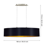 Hasanne Fabric 2 Light Pendant 100cm: oval black fabric shade with gold lining on satin nickel ceiling canopy, suspended on two cables, shown with dimensions on a white background.