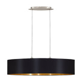 Hasanne 100cm oval 2-light pendant with black fabric shade, gold-lined interior, and satin nickel ceiling canopy on twin cables, shown on a white background.