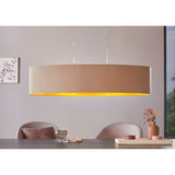 Hasanne 2 Light Pendant, 100cm oval taupe fabric drum shade with gold interior, satin nickel ceiling plate, hung above a dining table.