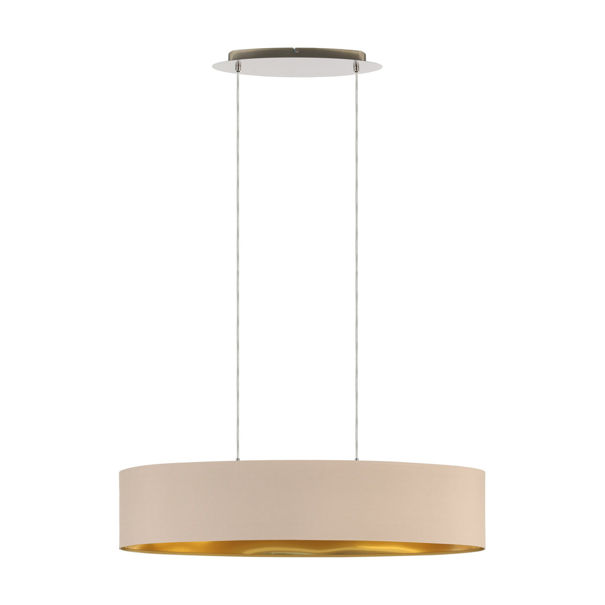 Hasanne Fabric 2 Light Pendant 100cm in taupe fabric with gold-lined oval drum shade, hung on twin wires from a satin nickel oval ceiling plate, shown on a white background.