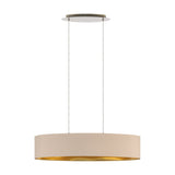 Hasanne Fabric 2 Light Pendant 100cm in taupe fabric with gold-lined oval drum shade, hung on twin wires from a satin nickel oval ceiling plate, shown on a white background.