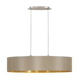 Hasanne 2-light pendant with a long oval taupe fabric drum shade and gold interior, suspended on two wires from a satin nickel oval ceiling plate, shown on a plain white background.