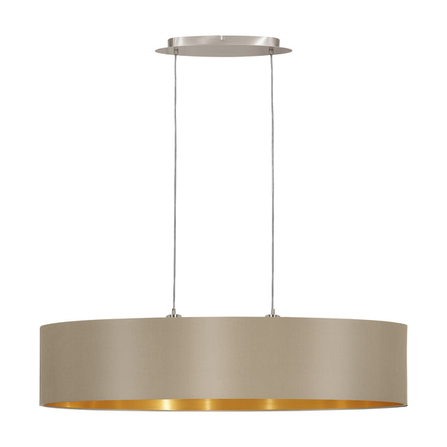 Hasanne 2-light pendant with a long oval taupe fabric drum shade and gold interior, suspended on two wires from a satin nickel oval ceiling plate, shown on a plain white background.
