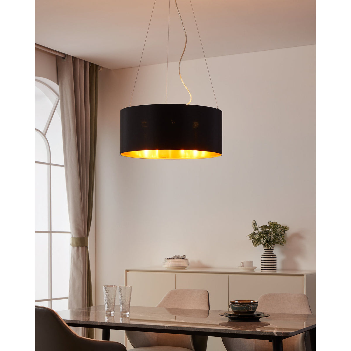 Hasanne Fabric 3 Light Pendant - Satin Nickel & Black