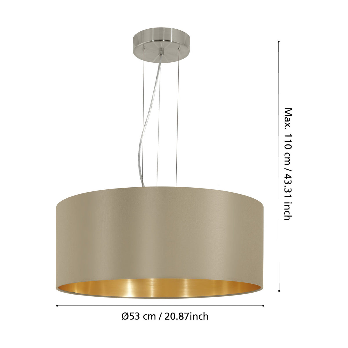 Hasanne 3-light pendant with wide taupe fabric drum shade lined in gold, satin nickel ceiling rose and suspension wires, shown with size diagram on a white background.