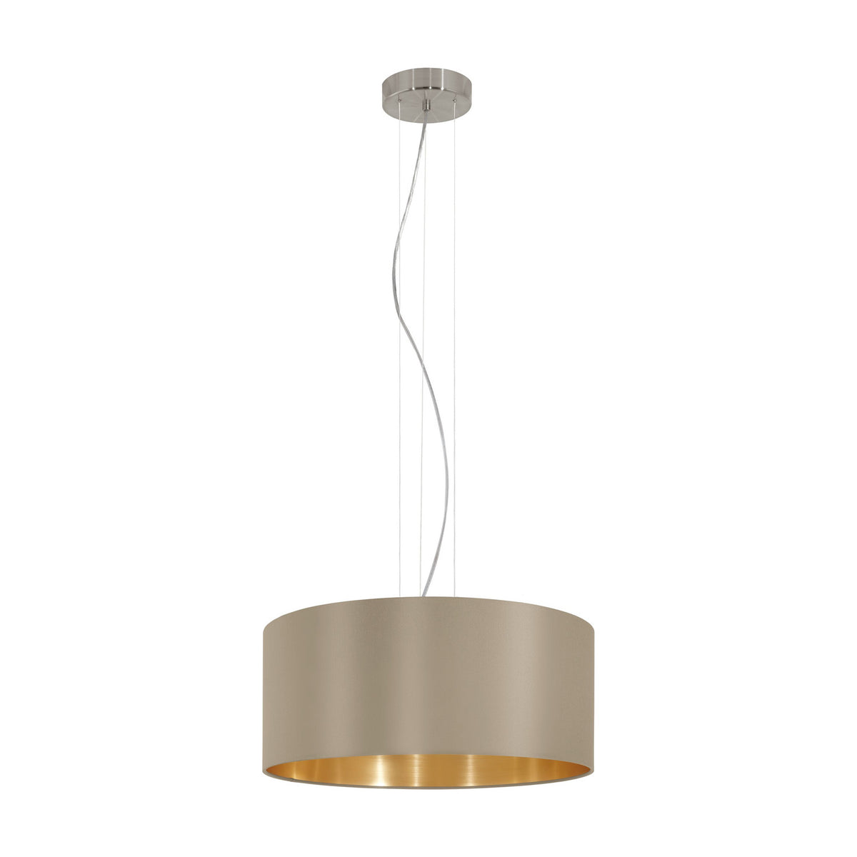 Hasanne 3 Light Pendant with a wide taupe fabric drum shade lined in gold, suspended on fine wires from a satin nickel ceiling rose, shown on a plain white background.