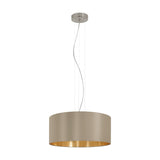 Hasanne 3 Light Pendant with a wide taupe fabric drum shade lined in gold, suspended on fine wires from a satin nickel ceiling rose, shown on a plain white background.