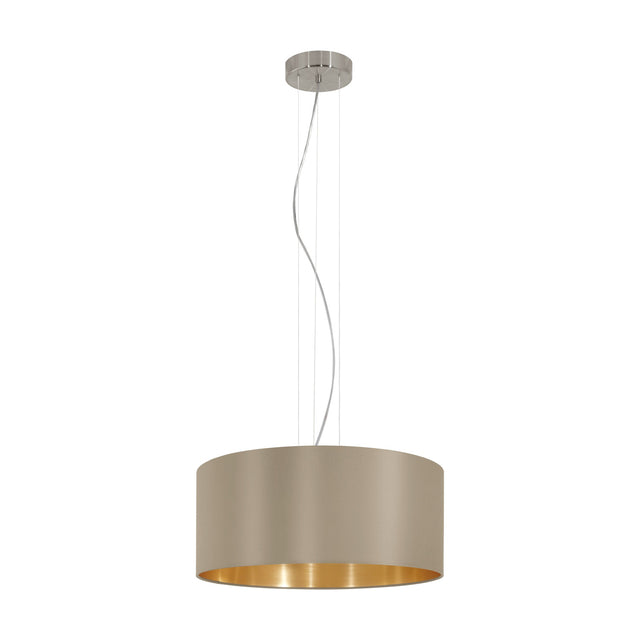 Hasanne 3 Light Pendant with a wide taupe fabric drum shade lined in gold, suspended on fine wires from a satin nickel ceiling rose, shown on a plain white background.