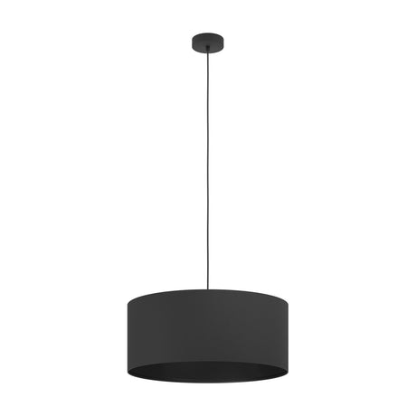 Hasanne fabric pendant light in black, featuring a drum-shaped shade, black steel ceiling cup, and slim cord, shown on a plain white background.