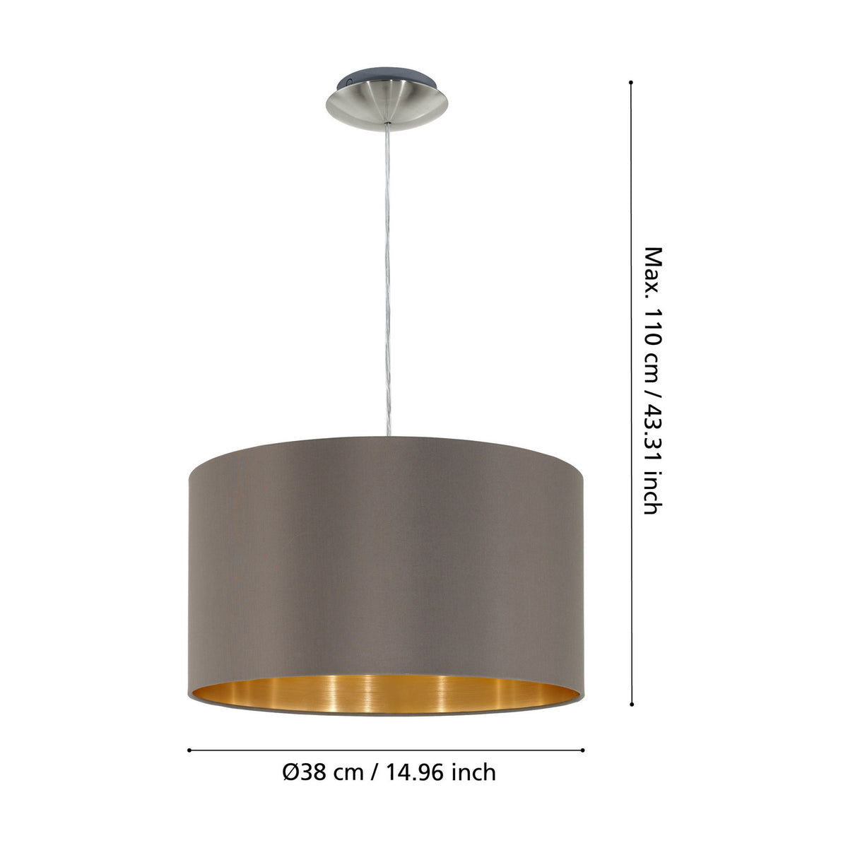 Hasanne fabric pendant light with a mocha drum shade, gold inner lining, and satin nickel ceiling canopy, shown with dimension lines on a white background.