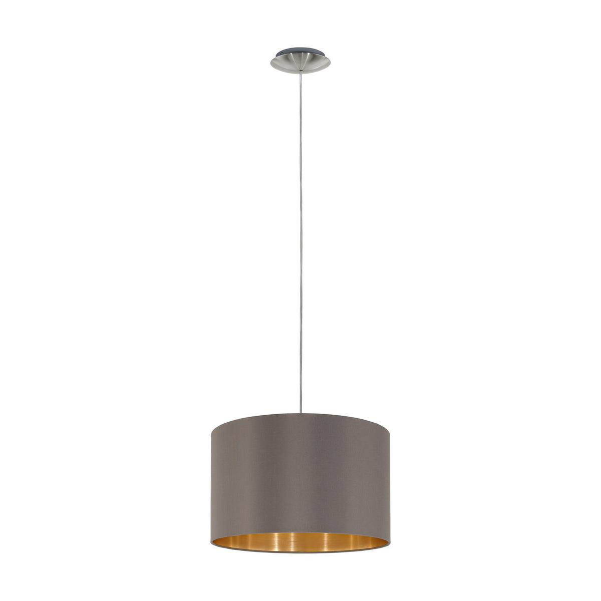 Hasanne fabric pendant light with a cappuccino drum shade, gold inner lining, and satin nickel ceiling canopy on a slim suspension, shown against a plain white background.