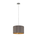 Hasanne fabric pendant light with a cappuccino drum shade, gold inner lining, and satin nickel ceiling canopy on a slim suspension, shown against a plain white background.