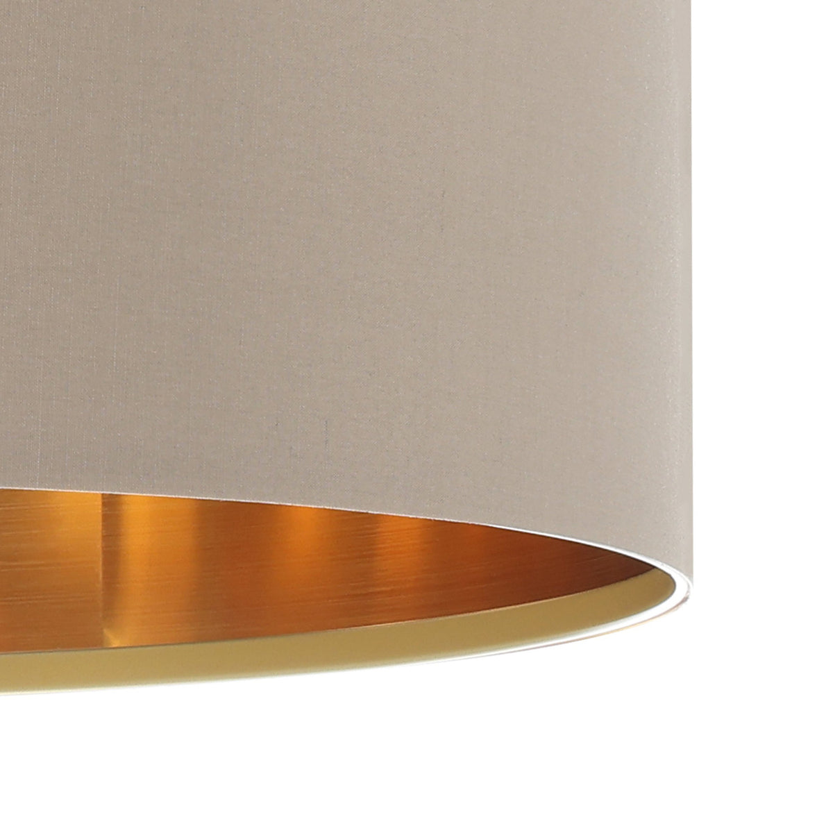 Close-up of the Hasanne fabric pendant light's drum shade in taupe with a brushed gold-toned interior lining, shown on a plain white background.