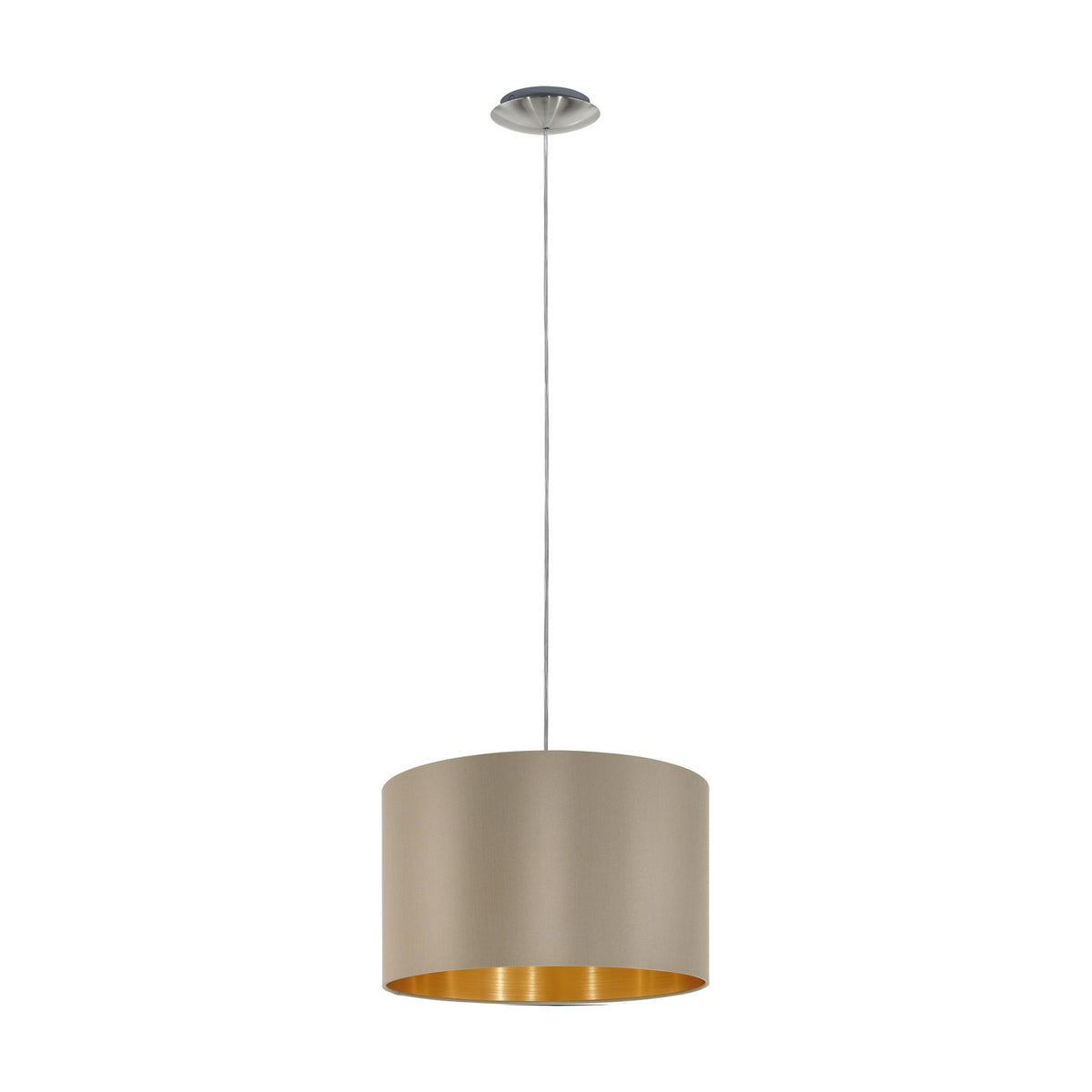 Hasanne fabric pendant light with a wide taupe drum shade and gold interior lining, satin nickel ceiling canopy and slim cable, shown on a plain white background.