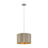 Hasanne fabric pendant light with a wide taupe drum shade and gold interior lining, satin nickel ceiling canopy and slim cable, shown on a plain white background.