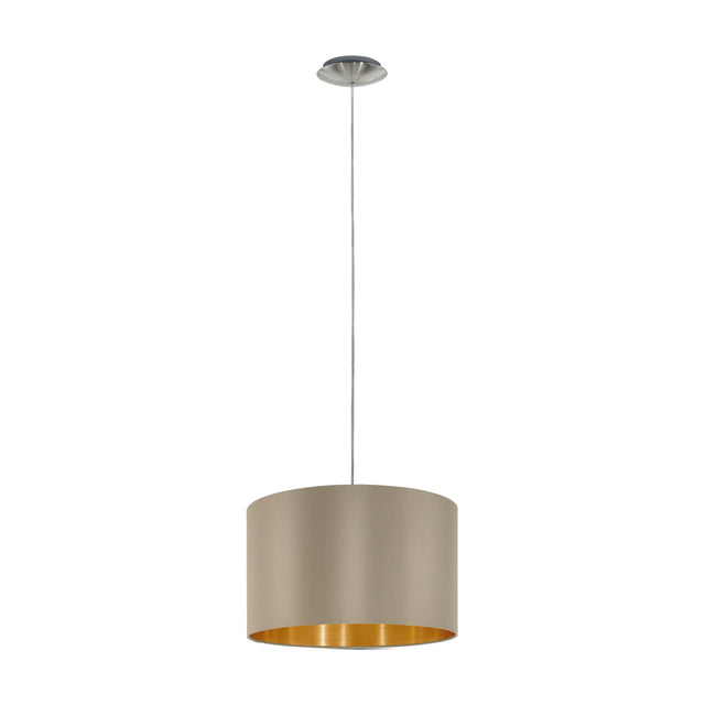 Hasanne fabric pendant light with a wide taupe drum shade and gold interior lining, satin nickel ceiling canopy and slim cable, shown on a plain white background.