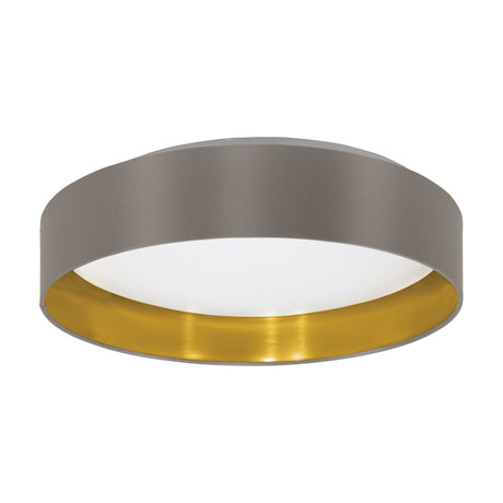 Hasanne LED flush ceiling light, round drum shade in mocha fabric with gold-lined interior and white diffuser, shown on a plain white background.