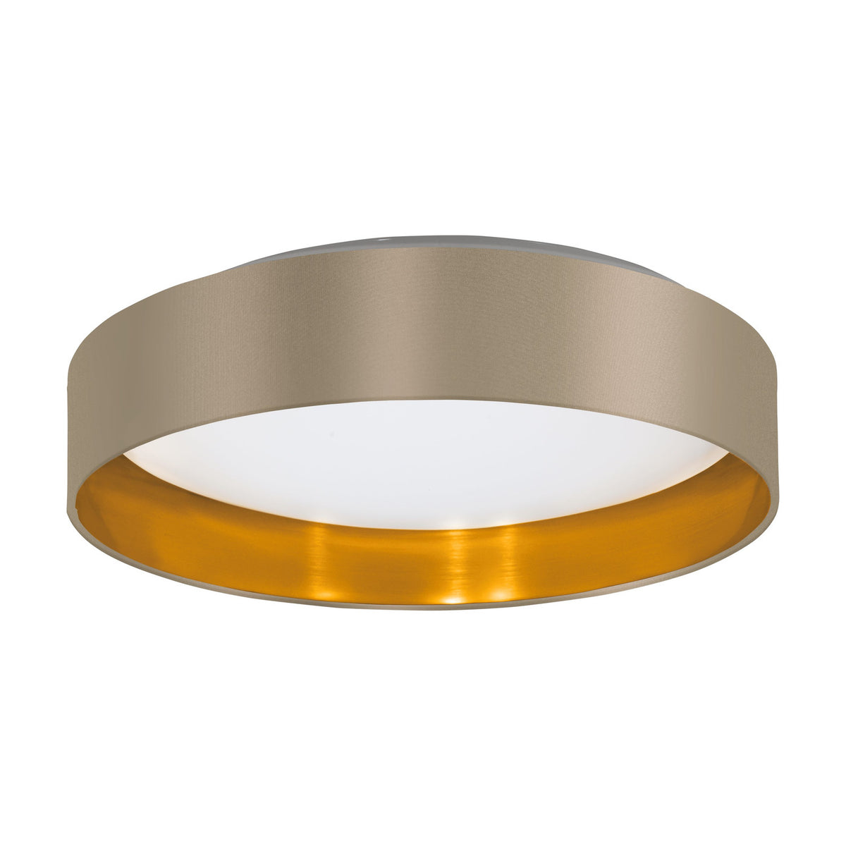 Hasanne LED flush ceiling light, round drum shade in taupe fabric with gold inner lining, white diffuser and body, shown on a plain white background.