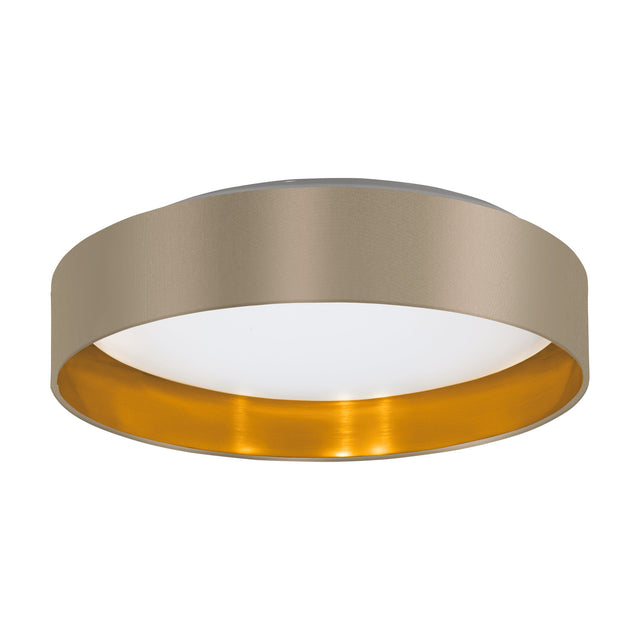 Hasanne LED flush ceiling light, round drum shade in taupe fabric with gold inner lining, white diffuser and body, shown on a plain white background.