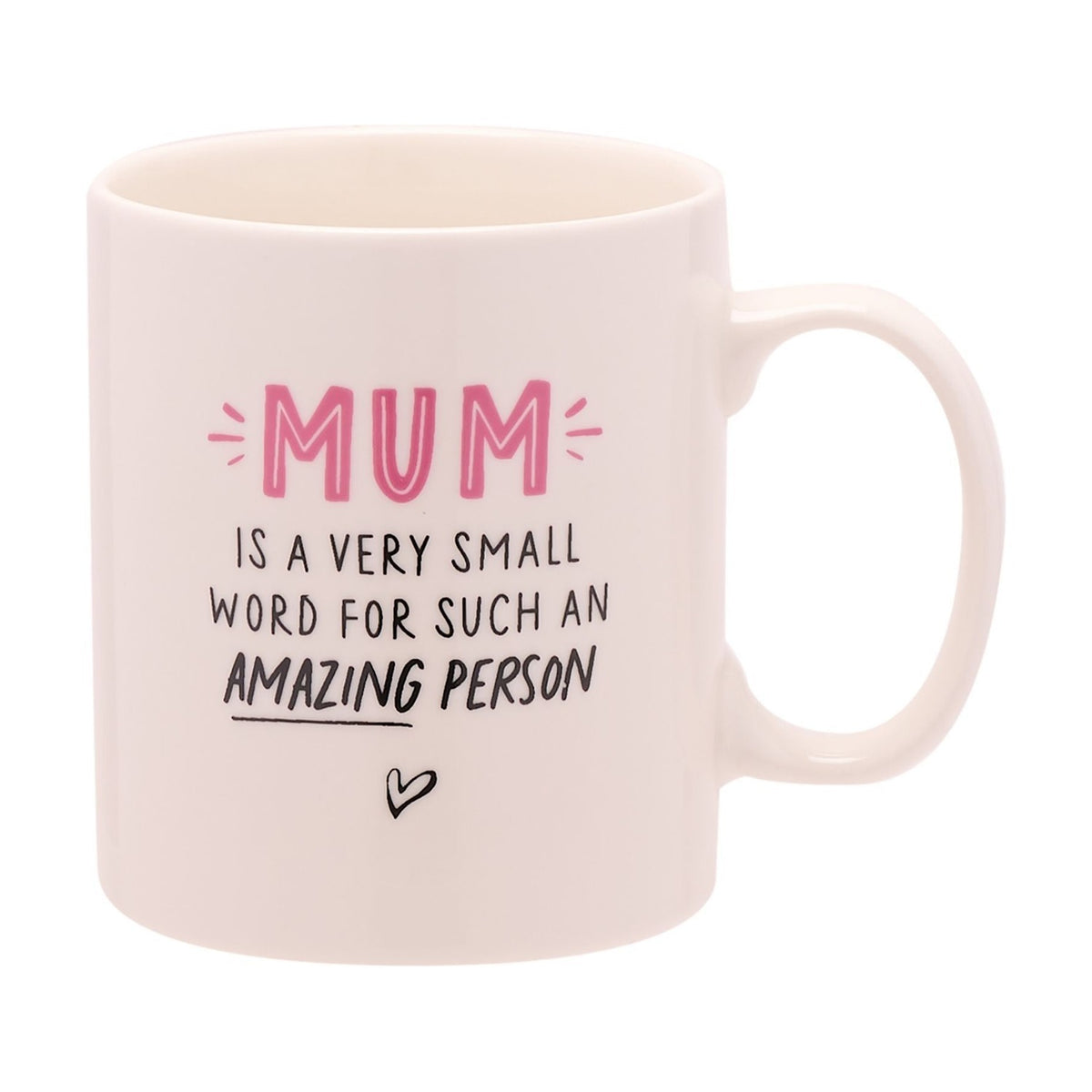 White gloss porcelain mug with pink "MUM" lettering, black text "is a very small word for such an amazing person," underlined and a small heart, on a plain white background.