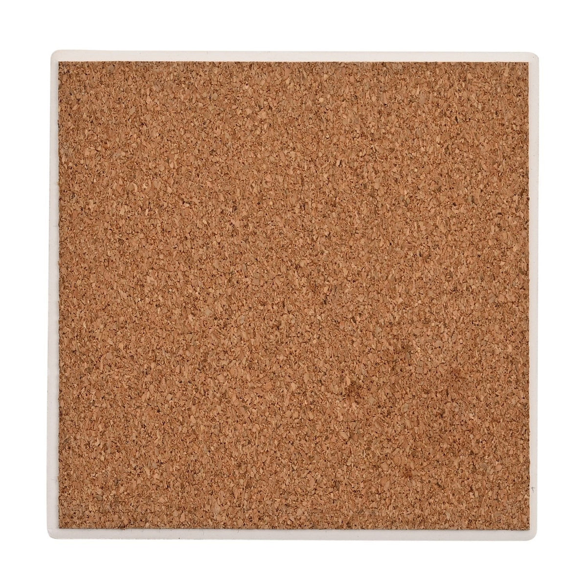 Square stoneware coaster with a cork surface and white border, shown plain on a white background.