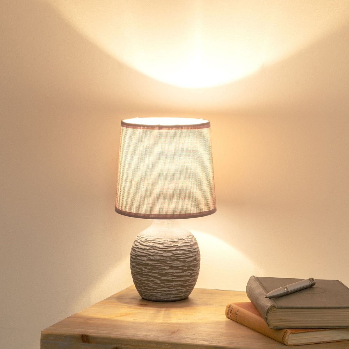 Ridged Dark Stone Finish Table Lamp with Linen Shade - Grey