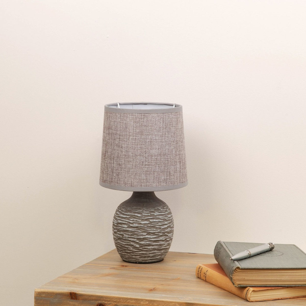 Ridged Dark Stone Finish Table Lamp with Linen Shade - Grey