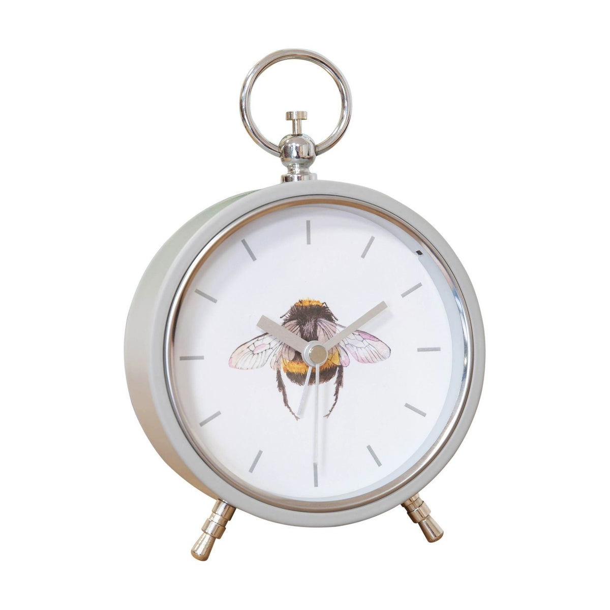 Round Bee Alarm Mantel Clock with grey metal case, white dial, bumblebee illustration, baton markers, top ring handle and angled feet, on a plain white background.