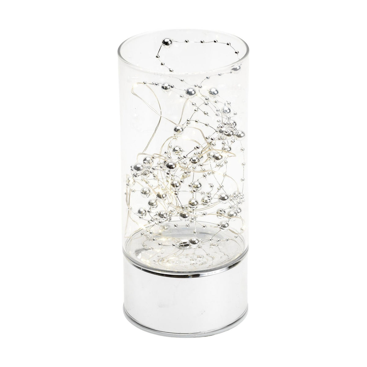Cylindrical glass tube LED light-up decoration, 20cm, with silver beaded wire strands inside and a mirrored silver base, shown on a plain white background.