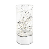 Cylindrical glass tube LED light-up decoration, 20cm, with silver beaded wire strands inside and a mirrored silver base, shown on a plain white background.