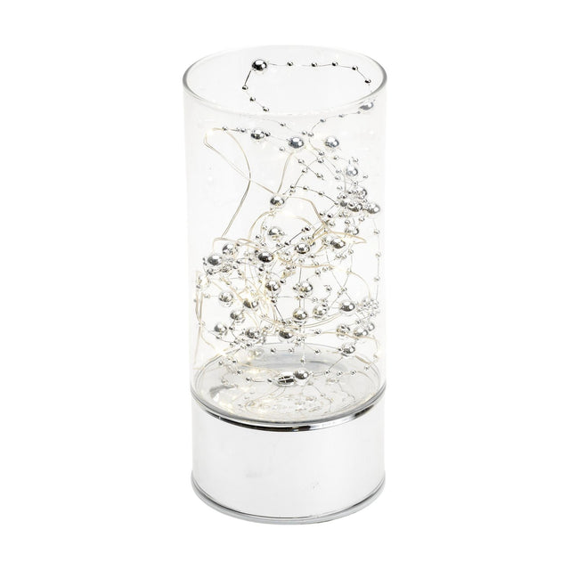 Cylindrical glass tube LED light-up decoration, 20cm, with silver beaded wire strands inside and a mirrored silver base, shown on a plain white background.