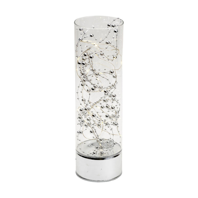 Beaded Glass LED Tube Light-Up Decoration, 30.5cm, with silver beads and wire coiled inside a clear glass cylinder on a mirrored silver base, shown on a plain white background.