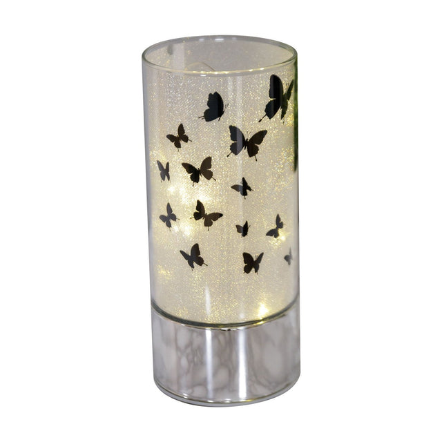Butterfly Glass Tube LED Light-Up Decoration, 20.5cm, with black butterfly silhouettes on a glitter-lined glass tube and mirrored silver base, shown on a plain white background.