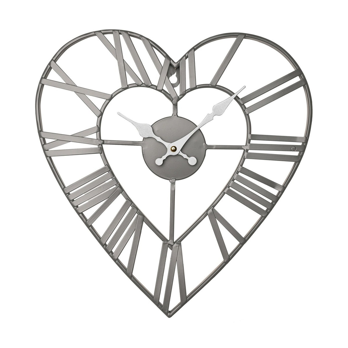 Open frame heart-shaped wall clock in matt grey metal, with Roman numerals on the outer heart and white hands on a central hub, shown on a plain white background.