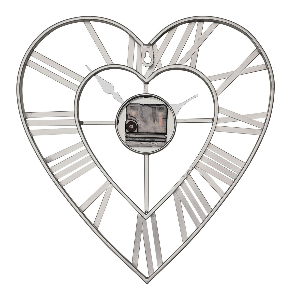 Open frame heart wall clock in matt grey iron with bold Roman numerals on the outer heart, slim spokes to a smaller inner heart and clock hands, shown on a plain white background.