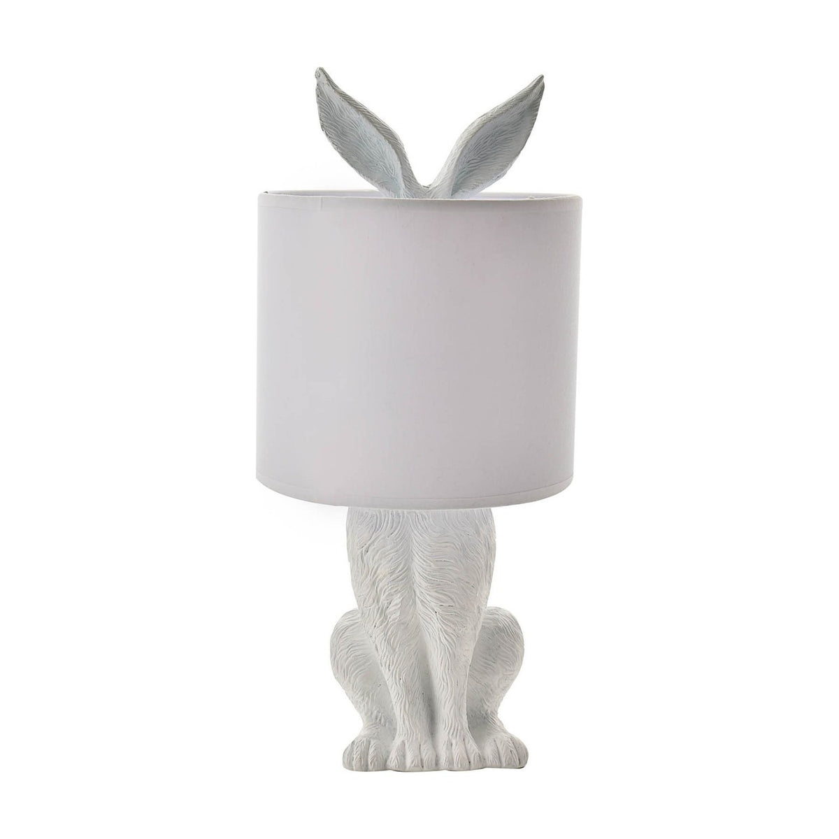 White Seated Hiding Rabbit Table Lamp, 43cm, with textured fur-detail base, tall ears peeking above a white drum shade, shown on a plain white background.