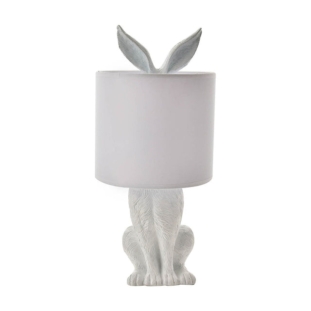 White Seated Hiding Rabbit Table Lamp, 43cm, with textured fur-detail base, tall ears peeking above a white drum shade, shown on a plain white background.