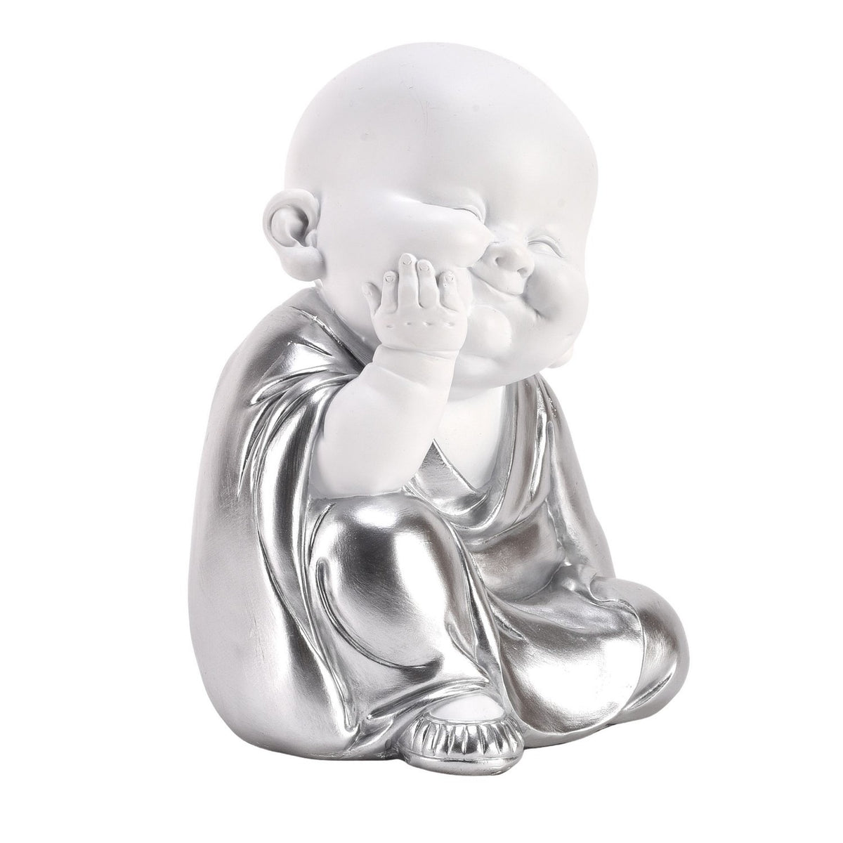 Buddha cherub figurine with white face and hands, sitting with hand covering eye and metallic silver draped robe, on a plain white background.