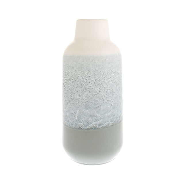 Reactive Glaze Textured Ceramic Bottle Vase, 28cm, with cream neck, speckled pale blue-grey mid band, and solid grey base, shown on a plain white background.