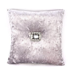 Square crushed velvet cushion in silver, 35cm, with a central rectangular diamante embellishment, shown on a plain white background.